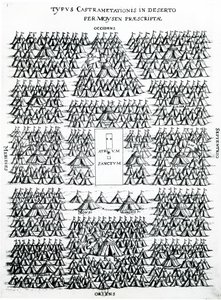 Israelilaisten leiri autiomaassa Mooseksen ja Aaronin teltoilla, keskellä Pyhä Hearth (Atrium Sanctum), julkaistu Hollannissa, n. 1625 (kaiverrus) tekijältä Dutch School