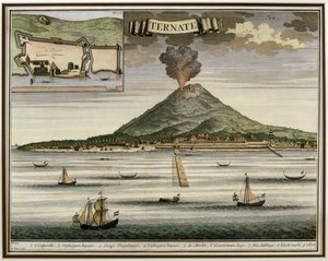 Ternaten saari, Molukit, Indonesia, kuva Oud Nieuw Oost-Indienistä, 1724-26 tekijältä Dutch School