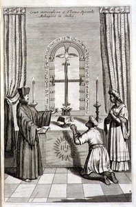 Apostoli Pyhän Tuomaan ihmeristi Meliaporessa Intiassa, Athanasius Kircherin (1601-80) kuvituksesta "Kiina" 1667 (kaiverrus) tekijältä Dutch School