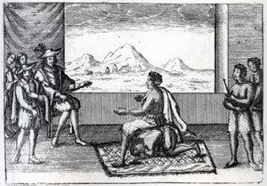 Ndongon kuningatar Nzingan ja Luandan portugalilaisen kuvernöörin Joao Correia de Sousan tapaaminen vuonna 1622 (kaiverrus). tekijältä Dutch School