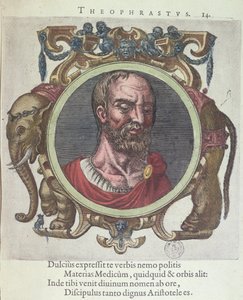 Theophrastus (n. 372-287 eKr.), Johannes Sambucuksen (1531-84) kuvitus artikkelista Vanha ja uusi fysiikka ja filosofit, julkaissut Plantin Leydenissa 1603 (värikaiverrus) tekijältä Dutch School