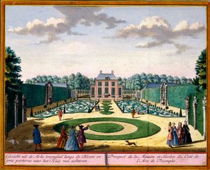 Näkymä talosta ja puutarhasta lähellä riemukaaria, Hendrick de Lethin ja Matthias Brouerius Van Nidekin Het Zeganpralent Kennemerlantista, julkaistu n. 1700-30 tekijältä Dutch School