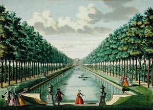 Näkymä paviljongista ja kanavasta Hendrick de Lethin ja Matthias Brouerius Van Nidekin teoksesta "Het Zeganplant Kennemerlant", julkaistu n. 1700-1730 (värillinen kaiverrus) tekijältä Dutch School