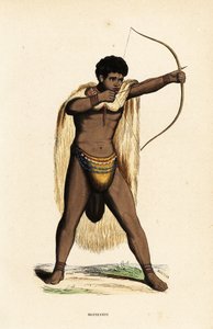 Khoikhoi-mies eläimennahkaviittassa, helminauhassa, jousi ja nuoli tekijältä Duverger Duverger