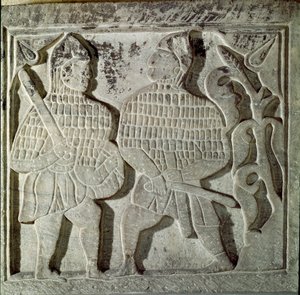Seljukide Art (Seljukide tai Saljuqide): matala reliefi, joka edustaa kahta soturia. Konyasta, Turkista. 13. vuosisadalla. Turkin islamilainen taidemuseo, Istanbul