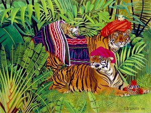 Tiikeriperhe thaimaalaisilla vaatteilla, 2004 (akryyli kankaalle) tekijältä E.B. Watts