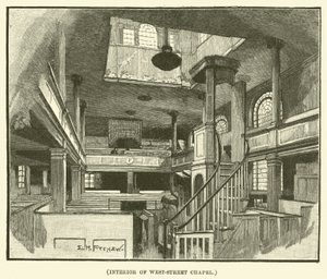 West-Streetin kappelin sisätilat (kaiverrus). tekijältä E.H. Fitchew