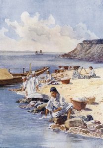 Korealaiset naiset pesemässä vaatteita joessa (värilitho) tekijältä E.H. Fitchew