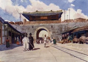Yksi Korean pääkaupungin Soulin porteista (värilitho) tekijältä E.H. Fitchew