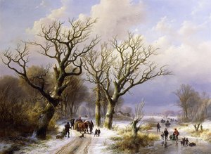 Metsäinen talvimaisema hahmoineen, 1863 tekijältä E.J. Verboeckhoven