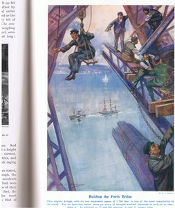 Forth Bridgen rakentaminen, kuvitus teoksesta "Wonders of Land and Sea", julkaisija Cassell, Lontoo, 1914