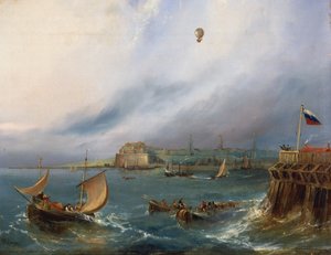 Ensimmäinen Englannin kanaalin ylitys ilmapallolla, 7. tammikuuta 1785, n. 1840 tekijältä E.W. Cocks