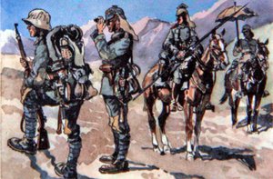 Saksalaiset univormut vuodelta 1917, Makedonian rintama (väri litho) tekijältä E. (after) Dobrich