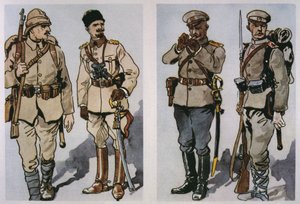 Turkkilainen jalkaväen upseeri ja upseeri (vasemmalla) ja bulgarialainen jalkaväen upseeri ja jalkasotilas vuodelta 1917 (oikealla) vuodelta 1917 (väri litho) tekijältä E. (after) Dobrich