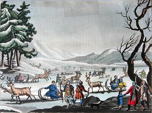 Tungus lähtee talvileirillään poron vetämillä reillä, n. 1820 (värikaiverrus) tekijältä E. (after) Karnejeff