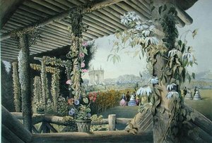 Näkymä Rustic Seatista, Shrublands, teoksesta "Gardens of England", julkaistu 1857 (väri litho) tekijältä E. Adveno Brooke