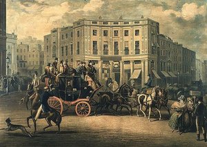 "The Age" Brighton Coach Bull and Mouthissa, Regent Circus (kaiverrus) (kaiverrus) tekijältä E. F. Lambert