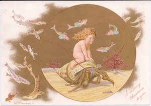 Viktoriaaninen joulukortti kuoressa olevasta erakkorapusta, jota ratsastaa vesistö, jota ympäröi kalaparvi, Gertrude Thompson, n. 1895 (väri litho)