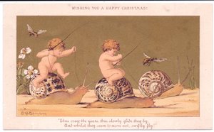 Viktoriaaninen joulukortti kahdesta alastomasta vauvasta ratsastamassa etanoilla ampiaisten saattamana kultaista taustaa vasten, n. 1895 (väri litho)