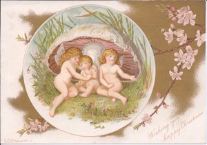 Viktoriaaninen joulu ryhmästä keijuja, jotka turvautuvat sateelta myrkkysienen alla, kirjoittanut Gertrude Thompson, n. 1895 (värilitho)