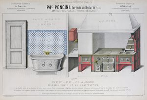 Keittiö- ja kylpyhuonesuunnittelu, kuvitus Poncini-luettelosta, 1800-luvun loppu (värilitho) tekijältä E. Le Baron