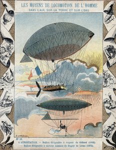 Henri Giffardin vuonna 1852 keksimä ilmalaiva ja Dupuy de Lomen vuonna 1872 keksimä purjehdusilmalaiva - Koulukirjojen suojaholkista, 1800-luvun loppu - Henry Giffardin (1825 - 1882) ilmalaiva 1852 et le ballon haubanne, Henri Dupuy de Lome