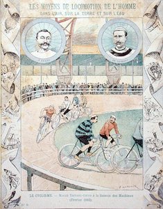 Charles Terront (1857-1932) ja Jules Corre Galerie des Machinesissa helmikuussa 1893, koulukirjasta (värilitho) tekijältä E. Letellier