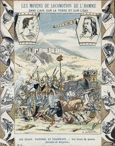 Gallialaiset sotavaunut Gergovian taistelussa - Koulukirjojen suojaholkista, 1800-luvun loppu - Tanks de guerre a faux - Vercingetorix a la battle de Gergovia (52 eKr.) Gallialaisten sodan aikana - E Letellierin kuvitus - Protege muistikirja