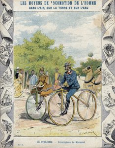 Pierre Michaux ja Michaudine velocipedes - Koulukirjojen suojaholkista, 1800-luvun loppu - Pierre Michaux
