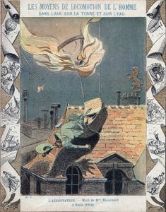 Marie Blanchardin, aeronauti Jean Pierre Blanchardin vaimon kuolema, kun hänen ilmapallonsa syttyi mielenosoituksen aikana Pariisin yllä 6. kesäkuuta 1819 - Koulukirjojen suojaholkista, 1800-luvun loppu - Mort de Madame Blanchard - 16. heinäkuuta 1819, i