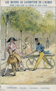 Velocipedes - Englantilainen selerifere - Draisienne, polkupyörän esi-isä - Suojaholkista koulukirjoille, 1800-luvun loppu - E Letellierin kuvitus - Celerifere - Draisienne - Hobby-hevonen (Nobby Horse) - Protect notebook historique, evä 19t
