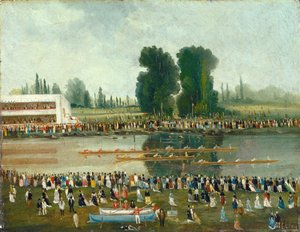 Soutukohtaus: Väkijoukkoja katselemassa joen rannoilta, 1800-luvun loppu. tekijältä E. Levy