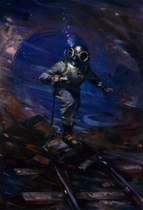 Brittisukellus Alexander Lambert on matkalla sulkemaan vesitiiviin oven estääkseen Severnin tunnelin toiminnan tulvan tekijältä E. S. (after) Hodgson