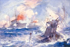 HMS Birminghamin saksalaisen sukellusveneen U15 uppoaminen (väri litho) tekijältä E. S. (after) Hodgson