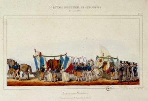 Panimoiden ja cooperien tanssi Strasbourgin teollisuuskortegen aikana 25.6.1840. Simonin litografia tekijältä E. Simon