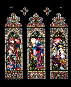 Marian ilmestys, vierailu ja syntymäjumalanpalvelus, Lavers ja Barraud, 1860 (lasimaalauksia) (ks. myös 11886). tekijältä E. and Halliday, M. F. Burne Jones