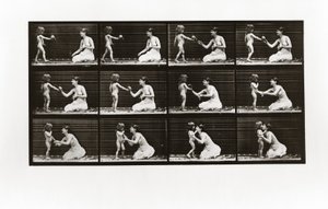 Lapsi tuo kimpun naiselle, levy 465 Animal Locomotionista, 1887 tekijältä Eadweard Muybridge