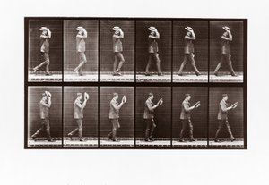 Mies riisumassa veneensä, levy 44 Animal Locomotionista, 1887 tekijältä Eadweard Muybridge