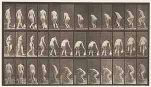Levy 108. Kääntyminen portaiden nousuun, kumartuminen, kannun nostaminen, 1872-1885 tekijältä Eadweard Muybridge