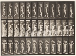 Levy 123. Laskeva kaltevuus, 20 lb:n kori pään päällä, kädet kohotettuina, 1872-1885 tekijältä Eadweard Muybridge