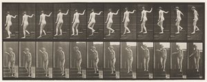 Levy 132. Laskeutuvat portaat, kääntyminen ympärilleen ja heiluttaa kättä tekijältä Eadweard Muybridge