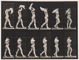 Lauta 40. Kävely, nenäliinan heittäminen hartioiden yli tekijältä Eadweard Muybridge