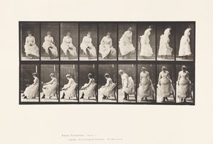 Lauta 422.WC; Kengät jalkaan pukeminen ja tuolista nousu, 1885 tekijältä Eadweard Muybridge