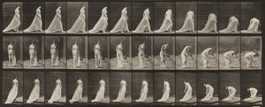 Taulu numero 56. Kävely, kääntyminen ja kumartuminen laahuksen nostamiseksi tekijältä Eadweard Muybridge