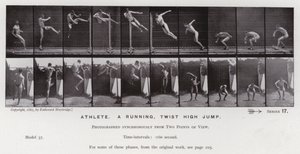 Ihmishahmo liikkeessä: urheilija, juokseva, kierretty korkeushyppy (m/v kuva) tekijältä Eadweard Muybridge