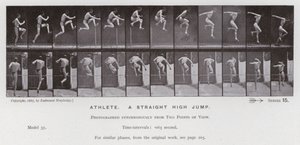 Ihmishahmo liikkeessä: Urheilija, suora korkeushyppy (m/v kuva) tekijältä Eadweard Muybridge