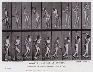 Ihmishahmo liikkeessä: urheilija lyömässä krikettiä (m/w kuva) tekijältä Eadweard Muybridge