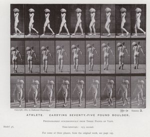 Ihmishahmo liikkeessä: urheilija kantaen seitsemänkymmentäviisi kiloa painavaa lohkaretta (m/v kuva) tekijältä Eadweard Muybridge
