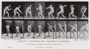 Ihmishahmo liikkeessä: urheilija, nappaa ja heittää pesäpalloa (m/w kuva) tekijältä Eadweard Muybridge