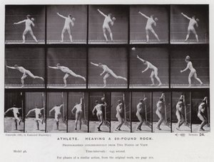 Ihmishahmo liikkeessä: urheilija, heiluttelee 20 kiloa painavaa kiveä (m/v kuva) tekijältä Eadweard Muybridge